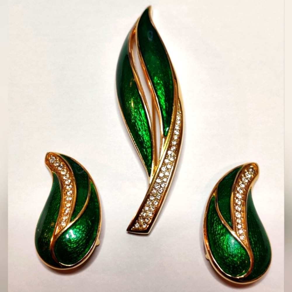 RARE Dior Guilloche Green Enamel & Crystals Teardrop Leaf Brooch & Earrings Set